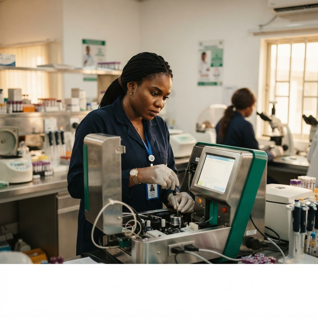 African biomedical engineer inspecting equipment