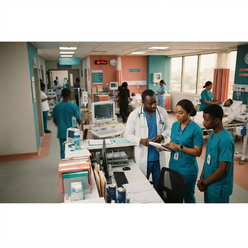 African healthcare team working in a hospital ward